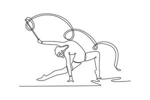Continuous one line drawing charming artistic gymnast dancing with ribbon. Female gymnast, creativity, art with dancing routine and energy at arena. Single line draw design graphic illustration vector