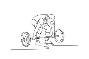 Single continuous line drawing sporty man bodybuilder or powerlifter exercising deadlift with barbell on cross training in a gym. Fitness exercising. One line draw graphic design illustration vector