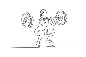Single one line drawing woman athlete doing front squat with a barbell in the gym. Body building, healthy lifestyle, movement, action concept. Continuous line draw design graphic illustration vector