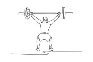 Single continuous line drawing back view sporty man performing overhead squats with a heavy barbell at gym. Active lifestyle weightlifting bodybuilder. One line draw graphic design illustration vector
