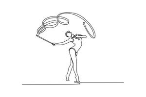 Single one line drawing young woman training rhythmic gymnastics with ribbon in gym. Female gymnast creativity and art with dancing routine and energy. Continuous line draw design illustration vector