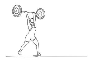Single one line drawing attractive female athlete in sportswear doing clean and jerk exercise with barbell during cross training in gym. Modern continuous line draw design graphic illustration vector