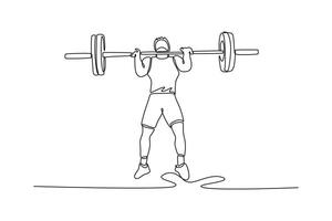 Single one line drawing front view fit man lifting barbell working out at gym. Sport, fitness, weightlifting, bodybuilding, training, exercises. Continuous line draw design graphic illustration vector