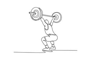Continuous one line drawing fit male athlete in overhead squat position after snatching up barbell. Training for workout, endurance and challenge. Single line draw design graphic illustration vector