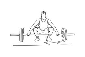 Continuous one line drawing sportsman doing deadlift for weightlifting training, exercise and intense workout. Athlete with equipment for wellness. Single line draw design graphic illustration vector