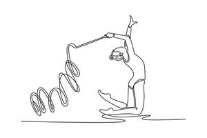 Single one line drawing rhythmic gymnastics, woman in gym and ribbon with balance, action with performance and fitness. Competition, tournament. Continuous line draw design graphic illustration vector