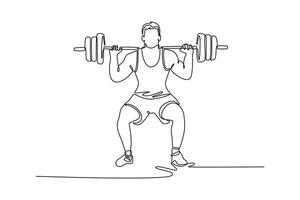 Continuous one line drawing front view strong bodybuilder doing squats and lifting barbell. Muscular athlete practice weightlifting, heavy weights. Single line draw design graphic illustration vector