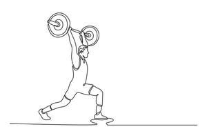 Continuous one line drawing side view of muscular man training lunges with barbells over head. Bodybuilding, healthy lifestyle, movement, activity. Single line draw design graphic illustration vector