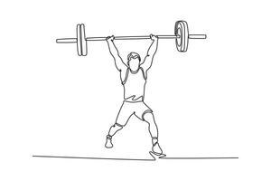 Continuous one line drawing muscular fitness man doing clean and jerk barbell over his head in gym. Functional weightlifting training. Snatch exercise. Single line design graphic illustration vector