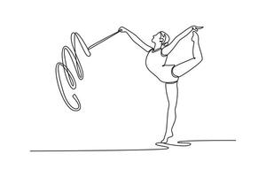 Single one line drawing female gymnast elegantly twirls ribbon. Precision, grace, and artistry in captivating rhythmic gymnastics performance. Continuous line draw design graphic illustration vector