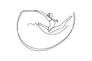 Continuous one line drawing graceful female gymnast in mid air, performing split leap with ribbon. Elegance and precision in captivating rhythmic gymnastic. Single line draw design illustration vector