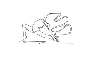 Continuous one line drawing female gymnast gracefully maneuvering ribbon, her artistic flair and precision in an enthralling gymnastics performance. Single line draw design graphic illustration vector