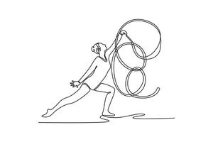 Continuous one line drawing rhythmic gymnast girl training with ribbon in the gym. Grace in motion, action, sport. Exercises for healthy lifestyle. Single line draw design graphic illustration vector