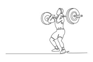 Single continuous line drawing sportsman practicing in weightlifting in gym. Sportive male training with barbell, looks confident and strong. Dynamic one line draw graphic design illustration vector