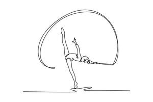 Single continuous line drawing teenager doing gymnastics dance with ribbon. Gymnast dancer sport ballerina athlete perform acrobatic exercise. Dynamic one line draw graphic design illustration vector