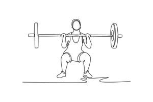Single continuous line drawing front view athletic man doing barbell front squat exercise during intense workout at the gym. Sports, healthy lifestyle. One line draw graphic design illustration vector