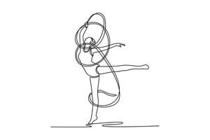 Single continuous line drawing young female rhythmic gymnast posing with ribbon. Beautiful and graceful sport. Motion, grace and flexibility. Dynamic one line draw graphic design illustration vector