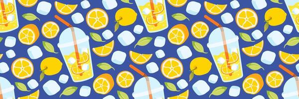 Seamless pattern with fresh lemons lemonade. Summer background for restaurants, cafe menus. Take away summer drink. Citrus, leaves, ice cubes. Food and drinks. flat illustration. vector