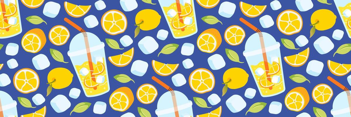 Seamless pattern with fresh lemons lemonade. Summer background for restaurants, cafe menus. Take away summer drink. Citrus, leaves, ice cubes. Food and drinks. flat illustration.
