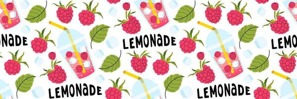 Fresh raspberry lemonade seamless pattern on white background. Bright summer background for cafe menus. Take away summer drink. Berries, leaves, ice cubes. Food and drinks. flat illustration. vector