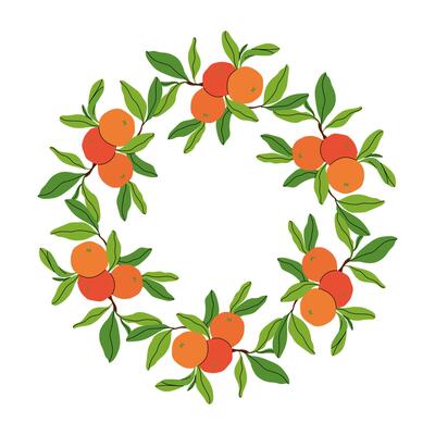 Cute wreath with yellow orange on branch and leaves. Round seasonal fruits border. Round tropical frame. Floral Summer background. For poster, banner, cover, invitation. flat illustration.