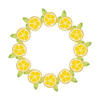 Simple yellow Lemon slice Wreath with green Leaves. Round Lemon frame. Slice of citrus and foliage. Decoration element for cards and seasonal decor, menu. flat illustration. vector