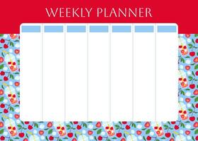 Weekly planner with red cherry lemonade pattern. Berry, ice cube and foliage on pink background. Lifestyle planner for 7 days. Schedule design template. flat illustration vector