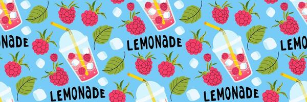 Fresh raspberry lemonade seamless pattern on blue background. Bright summer background for cafe menus. Take away summer drink. Berries, leaves, ice cubes. Food and drinks. flat illustration. vector