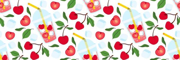 Seamless pattern with fresh cherries lemonade on white background. Summer background for cafe menus. Take away summer drink. Berries, leaves, ice cubes. Food and drinks. flat illustration. vector