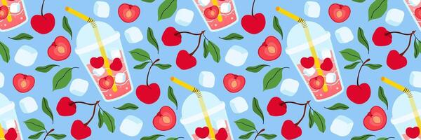 Fresh cherries lemonade seamless pattern on blue background. Bright summer background for cafe menus. Take away summer drink. Berries, leaves, ice cubes. Food and drinks. flat illustration. vector