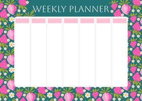 Weekly planner with pink strawberry pattern. Low poly strawberries on turquoise background. Lifestyle planner for 7 days. Schedule design template. flat illustration vector