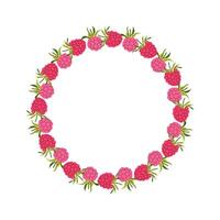 Summer berry wreath with raspberry and foliage. Summer frame of pink berries and leaves. Decoration element for cards and seasonal decor, menu, recipe. flat illustration. vector