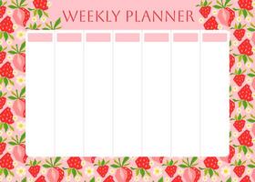 Weekly planner with red strawberry pattern. Low poly strawberries on pink background. Lifestyle planner for 7 days. Schedule design template. flat illustration vector