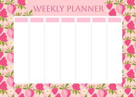 Weekly planner with pink strawberry pattern. Low poly strawberries on pink background. Lifestyle planner for 7 days. Schedule design template. flat illustration vector