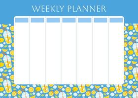 Weekly planner with lemons lemonade pattern. Citrus fruits, ice cube and foliage on blue background. Lifestyle planner for 7 days. Schedule design template. flat illustration vector