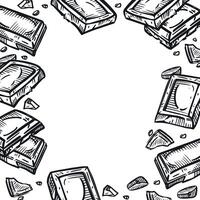 Frame of chocolate bar, chocolate pieces, crumbs, all objects are hand drawn in in gray color. illustration. Suitable for printing on fabric, paper, food and cosmetic packaging vector