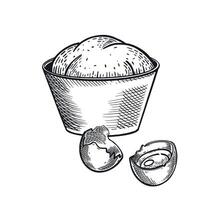 Making dough, baking, bowl with ready dough and cracked chicken egg, all objects are hand drawn in in gray color. illustration of cooking. For printing on fabric, paper vector