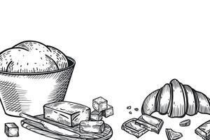 Cooking, the process of cooking, baking, bowl of dough, butter, sugar, croissant, chocolate. All objects are hand-drawn with ink. The illustration is suitable for printing in stores, food packaging vector