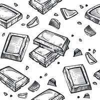 Chocolate, chocolate slices and pieces, chocolate bar, all objects are hand drawn in in dark gray. Seamless pattern. Suitable for printing on fabric, paper, for packaging goods vector