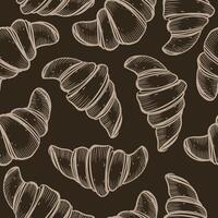 Seamless pattern. Croissants drawn in on a dark background by hand. The illustration is suitable for packaging design, bakery decoration, pastry shops, for printing on fabric and paper vector