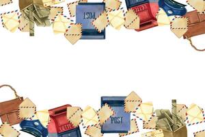 Rectangular frame for Post Day, letters, envelopes, mailboxes, postman bags. All objects are hand-painted with watercolors. Suitable for printing on fabric, paper, postcards, post office goods vector