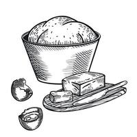 Dough, cooking process, chicken eggs, butter on a board with a knife, a bowl with dough. All objects are hand-drawn with ink. illustration is suitable for printing on paper, fabric, labels vector