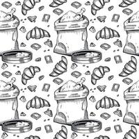 Seamless pattern on the theme of cooking, baking. A bag of flour, a sieve, croissants, pieces of chocolate. All objects are hand-drawn with ink. For printing on paper, bakery design vector