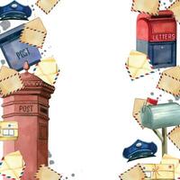 Square watercolor frame for Post Day, street mailbox, red and blue letterbox, envelopes and letters, postman's cap. All objects are hand-painted with watercolors. For printing on postcards, packaging vector