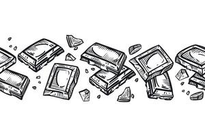 Chocolate-themed seamless border, chocolate pieces, chocolate bar, all objects hand-drawn in ink on a white background. illustration. For packaging design of chocolate, confectionery and food vector