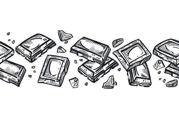 Chocolate-themed seamless border, chocolate pieces, chocolate bar, all objects hand-drawn in ink on a white background. illustration. For packaging design of chocolate, confectionery and food
