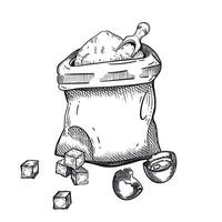 Bag of flour, lump sugar, broken chicken egg, scoop for pouring flour, all objects are hand drawn in . composition of dough preparation. Suitable for printing on paper vector