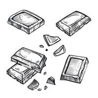 Set of illustrations. Chocolate bar, chocolate pieces and slices, crumbs, all objects are hand drawn in in dark gray. Suitable for printing on fabric, packaging of goods, products vector