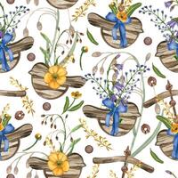 Meadow flowers and grasses, decorative pendants in the form of a bird, buttercups, timothy grass, wooden beads, leaves. All objects are hand-painted with watercolors. For printing on fabric, paper vector