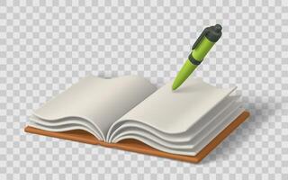 Open Notebook with Green Pen 3D Realistic Style Perfect for Writing, Studying, or Education Concepts. Illustration vector